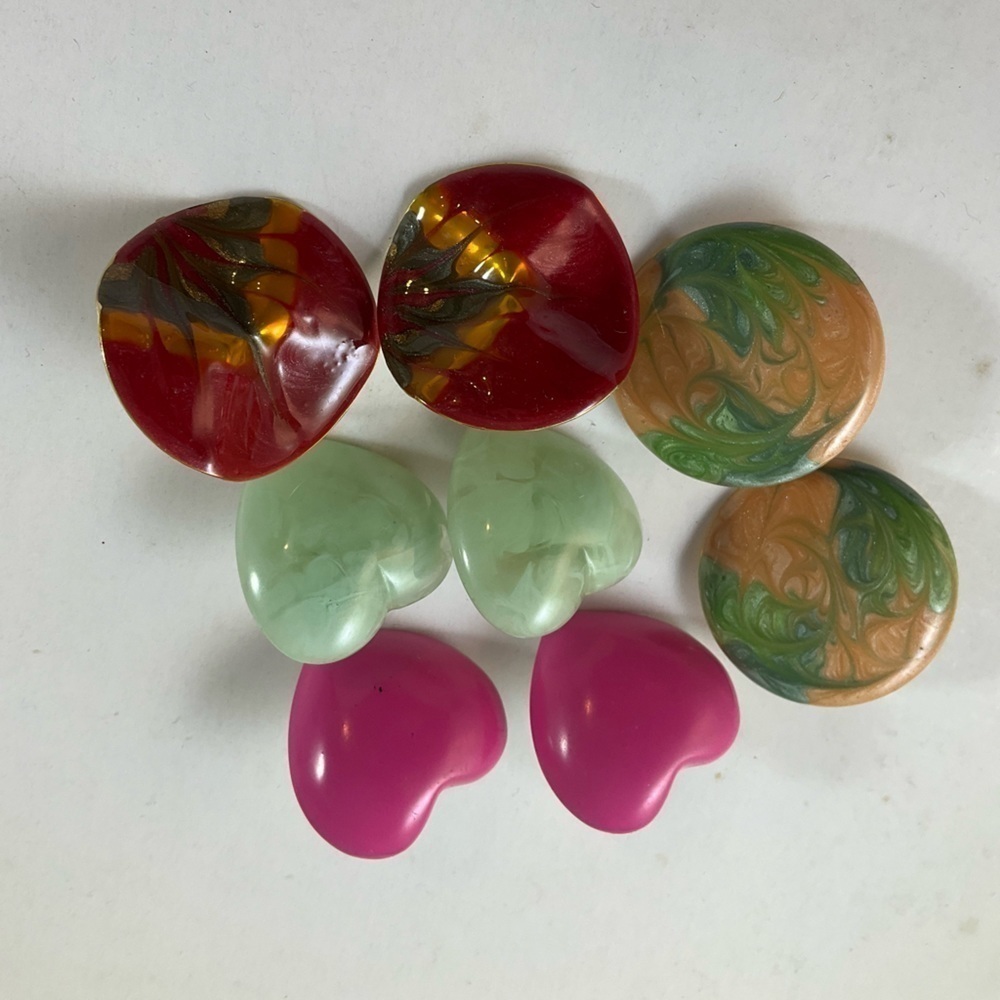 Vintage Pierced Earrings Bundle Pink Green Burgundy Large Button Hearts 4 Pairs - Picture 11 of 11